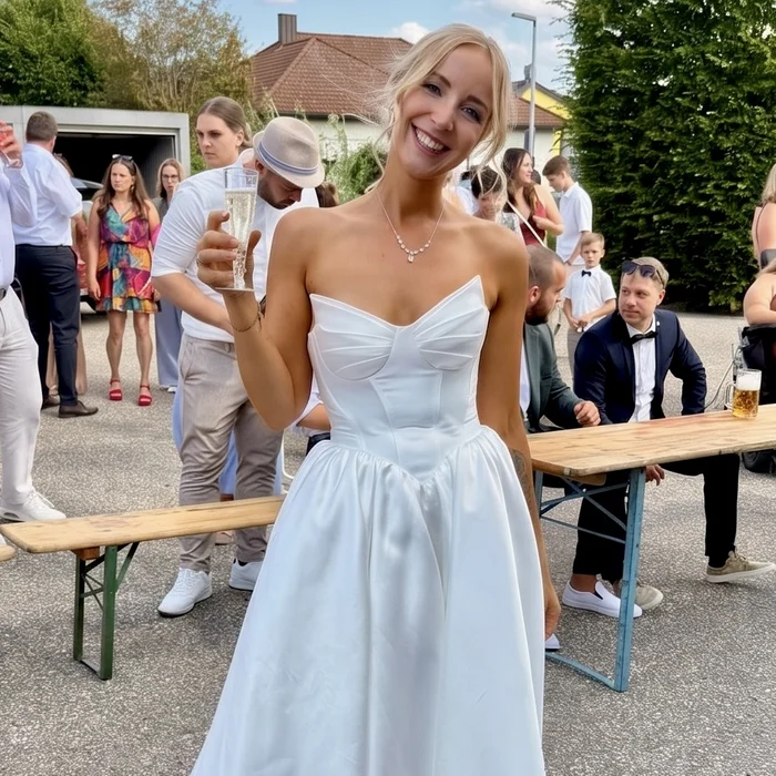 Strahlende Braut mit Sektglas